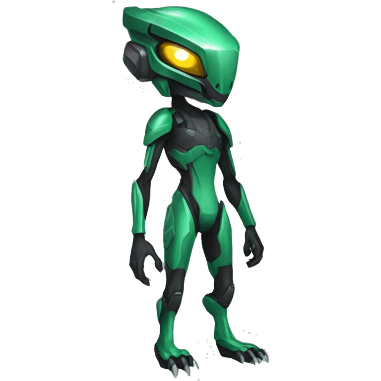 a black-green Genesect-Raptor-Fakémon—hybrid with a futuristic visor-helmet full body emoji