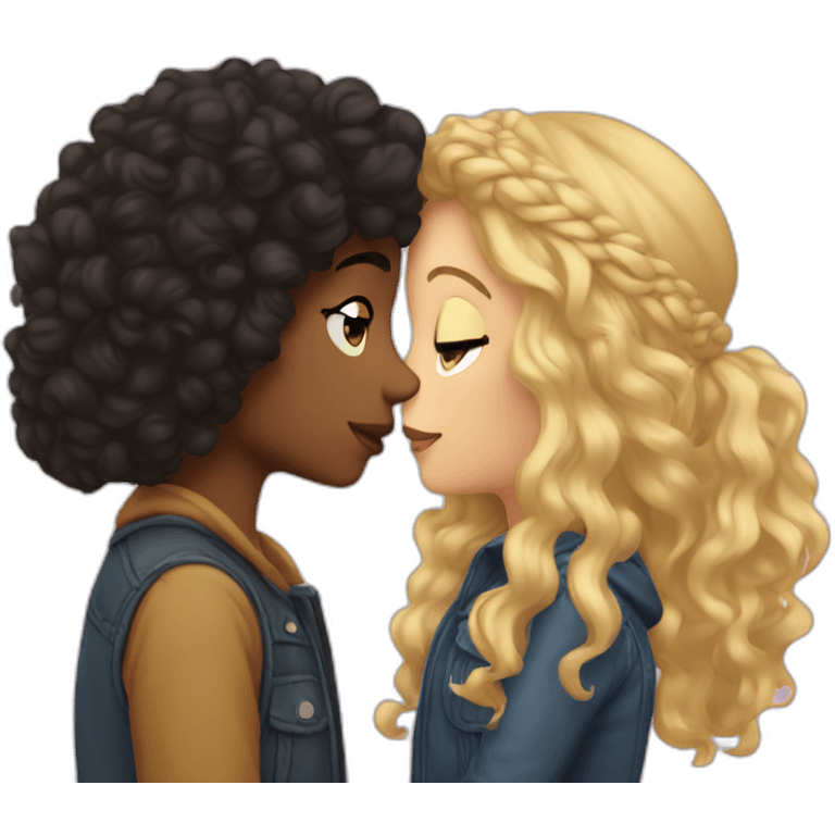 a girl with blond hair in a beanie kissing a girl with dark curly hair emoji