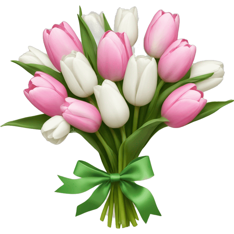 bouquet of white tulips and some pink tulips with a bow around it emoji