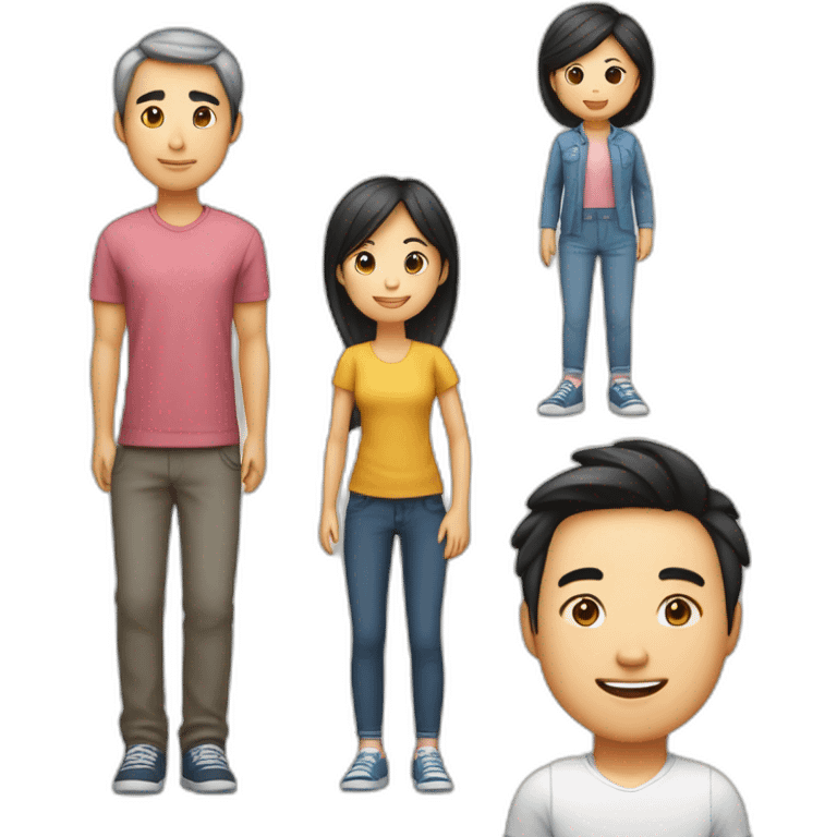 Famille 4 personne 1 fils aîné qui fait du basket fille cadette au cheveux long 1 père asiatique 1 mère emoji