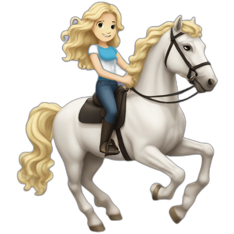 blonde girl with wavy hair riding friesian horse emoji