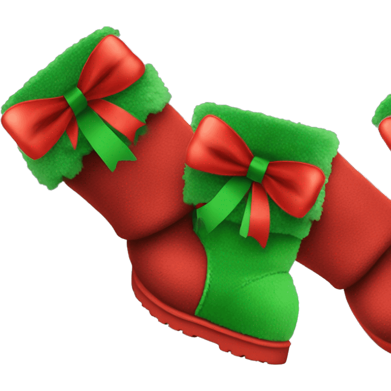 Realistic red Ugg fur boots with gree ribbon bows isolated.  emoji