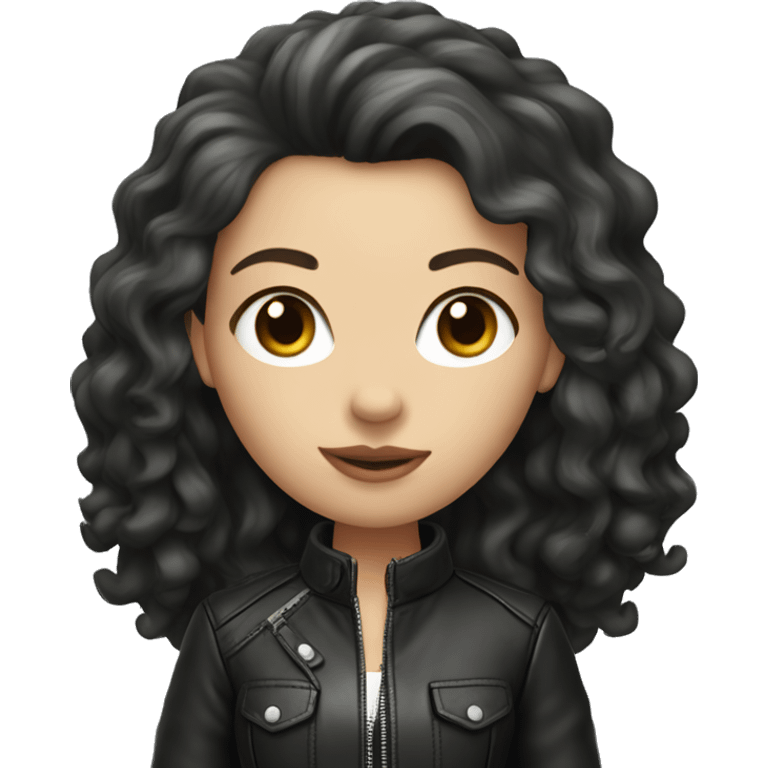 White girl, with long curly black hair, wearing leather jacket emoji