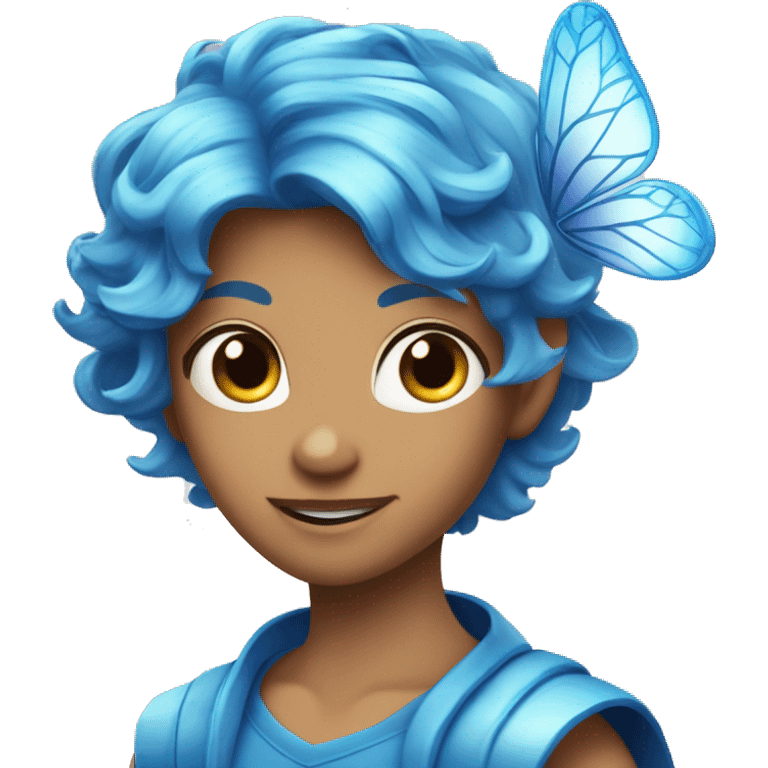 bloom winx fairy with rad hair and blue eyes and in blue shirt with wings and crown emoji