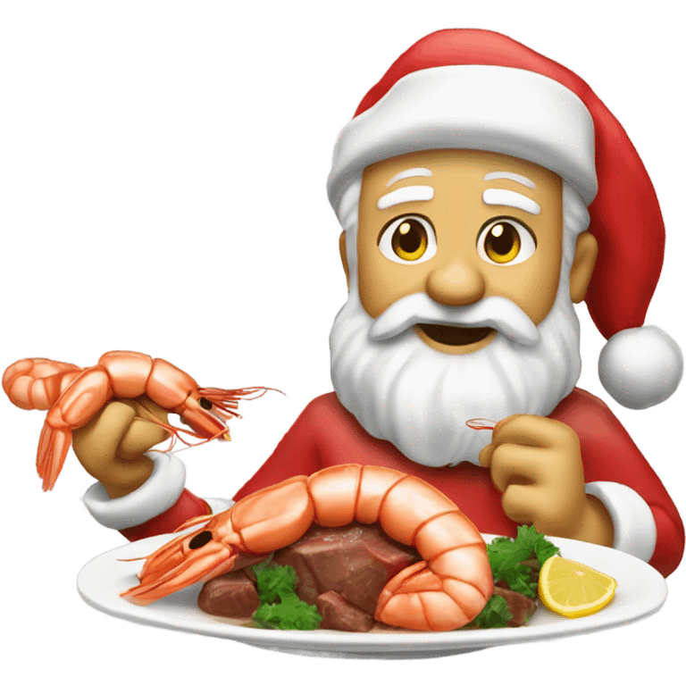 Santa Claus eating shrimp scampi and beef roast emoji