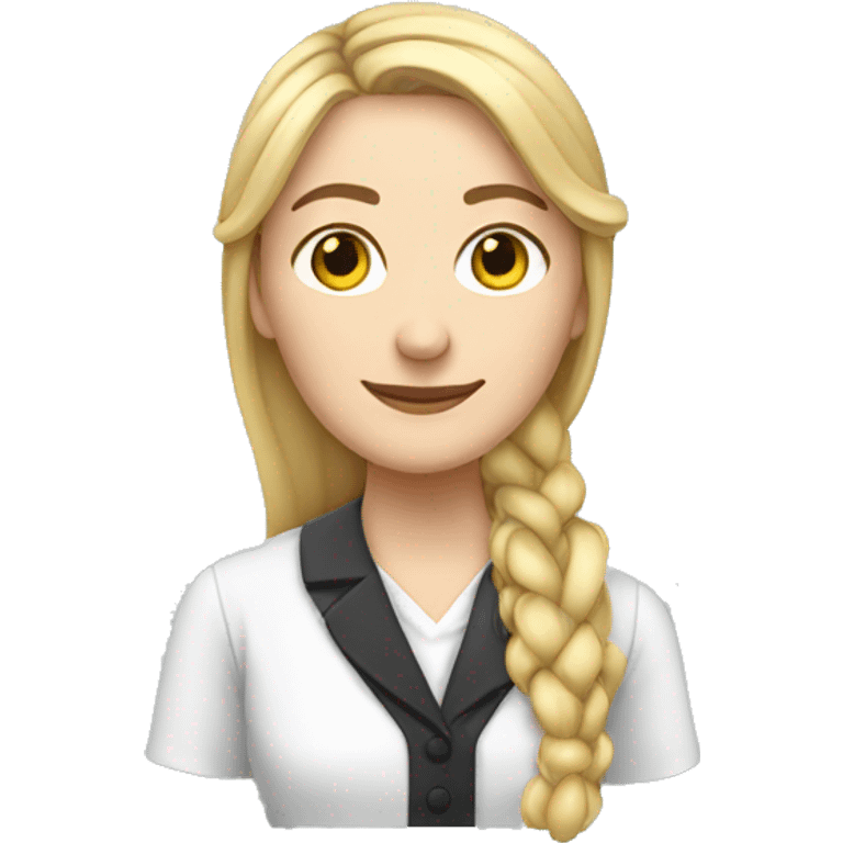 a french teacher with a long braid she is blonde hair and has a massive side parting emoji