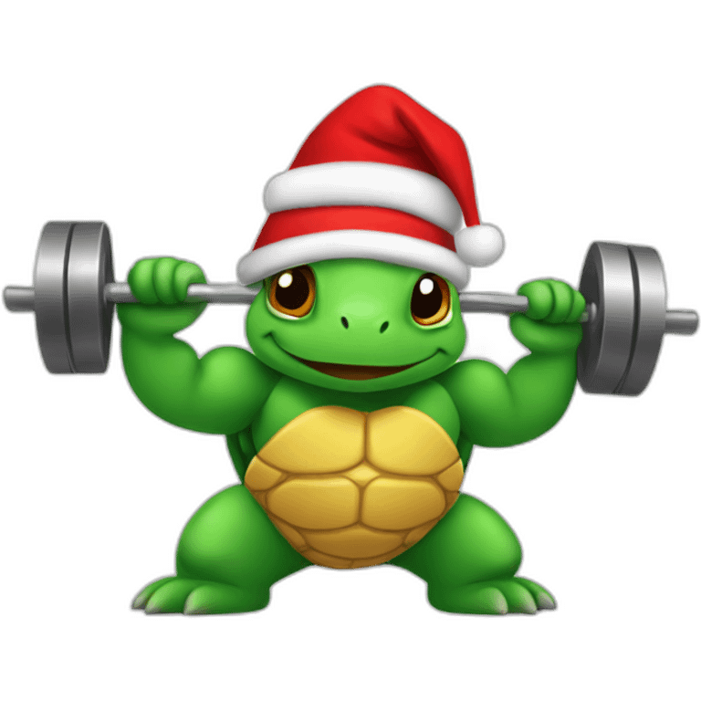 Turtle as bodybuilder lifting iron in Christmas hat emoji