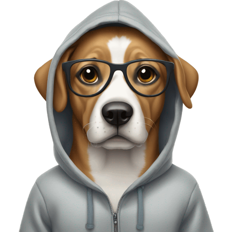 Dog wearing a hoodie with glasses emoji