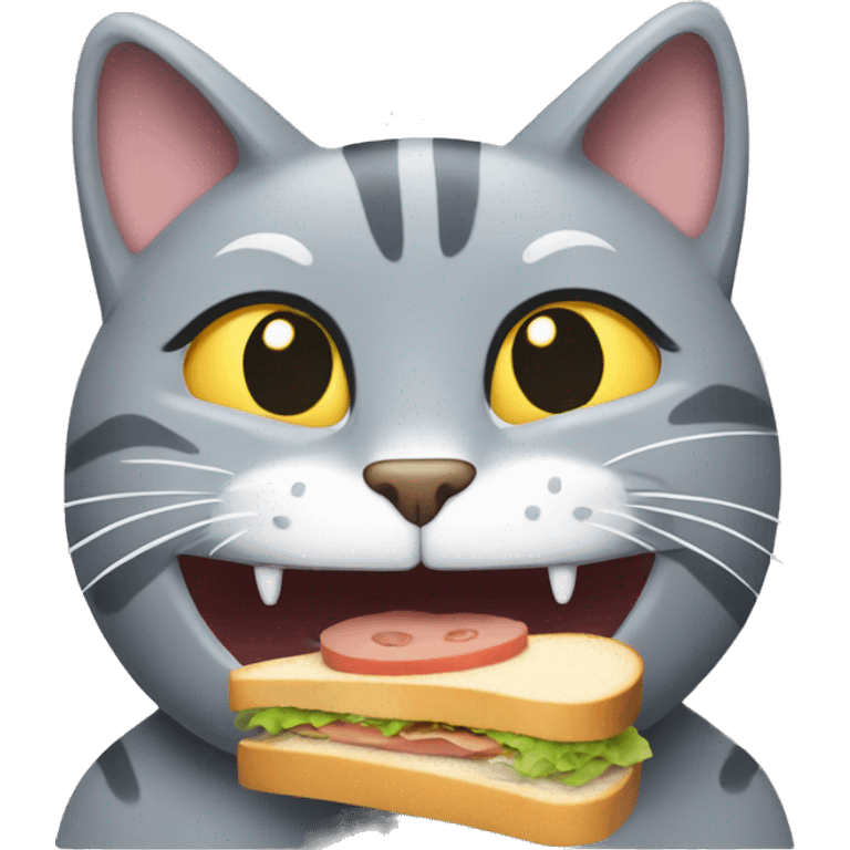 Grey cat bites a sandwich teeth showing emoji