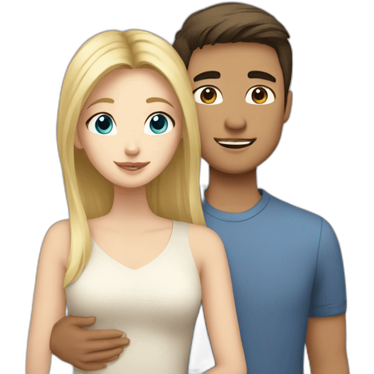 Blonde girl with blue eyes and asian man with brown hair hugging emoji