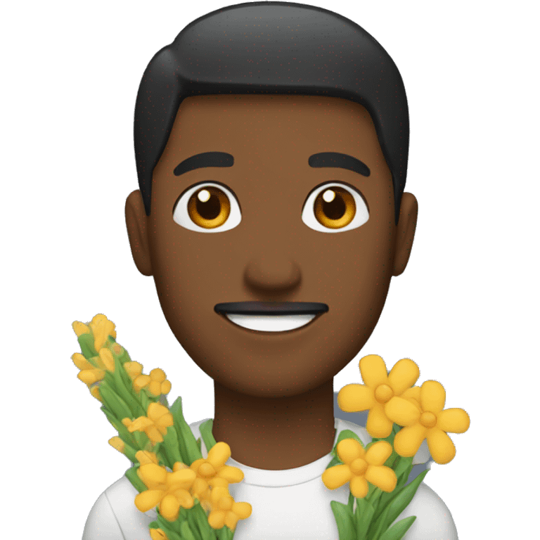 man with brown eyes holding flowers and a bag emoji