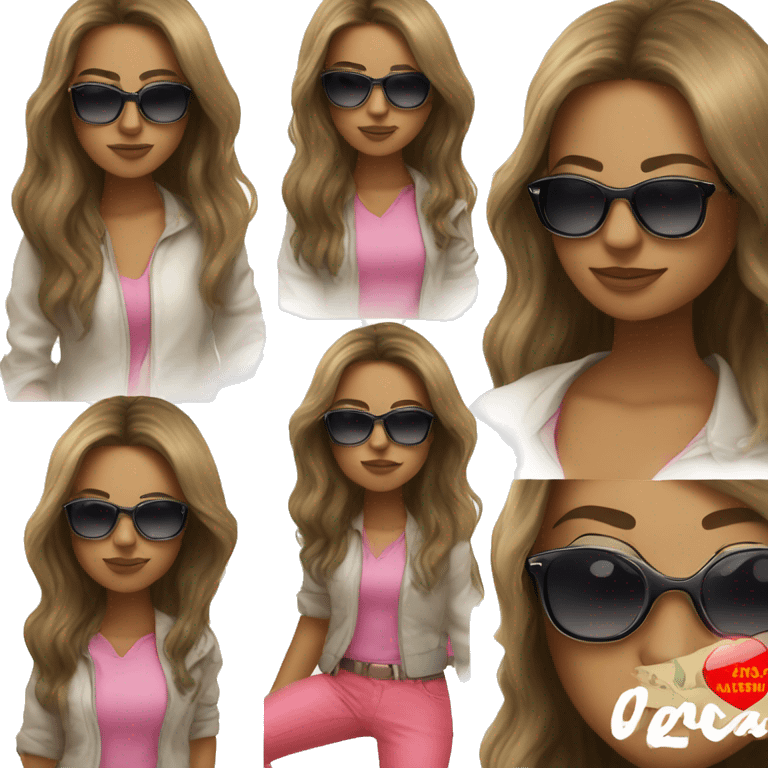 create a lady with long hair after hips, and using sunglasses rayban aviator style with casual cloth  emoji