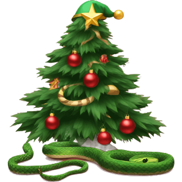 a snake in a red cap next to the Christmas tree emoji