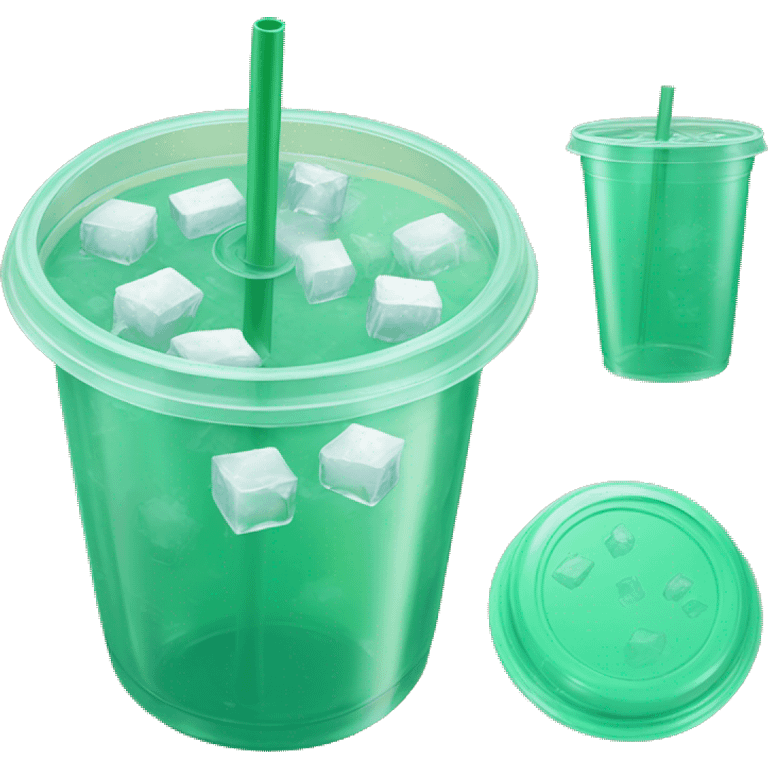 Realistic plastic cup and lid with half full Transluscent dark mint green and large ice cubes inside and one straw through the top of the lid. emoji