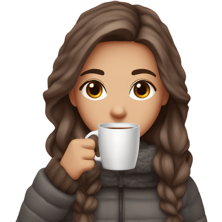 Girl with brown hair with dark gray highlights, fair skin, long beautiful hair, soft pink lips, brown eyes, drinking coffee and wearing winter clothes eting cake emoji