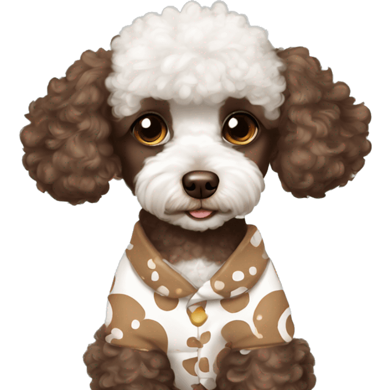 Chocolate brown and white toy poodle wearing pajamas emoji