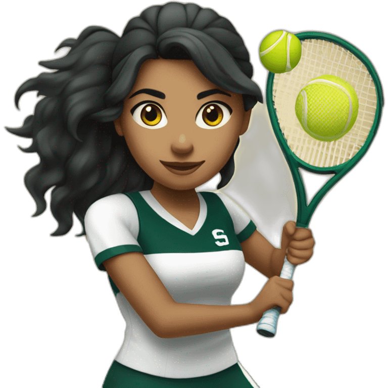 indian girl teenager playing tennis wearing a michigan state spartan uniform with wavy black hair emoji