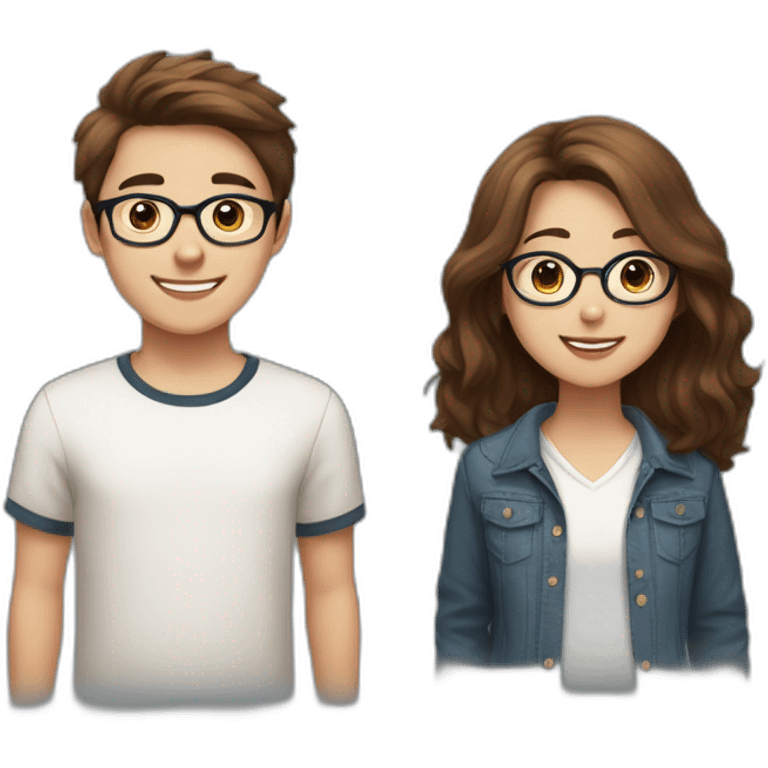 girl with half long brown hair with a boy with short brown hair and glasses with a happy samoyed emoji