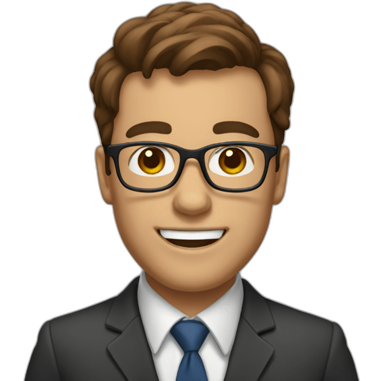 Teacher with brown hair wearing glasses and tie and big teeth emoji