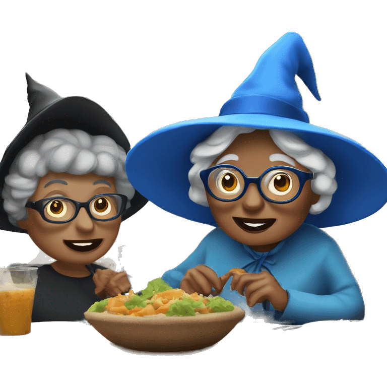 smart granny witch with glasses and blue hat lunching with friends emoji