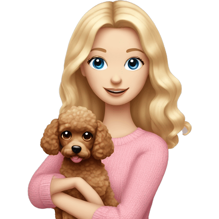 Pretty blue eyed white girl with blonde hair in a pink sweater holding a brown toy poodle emoji