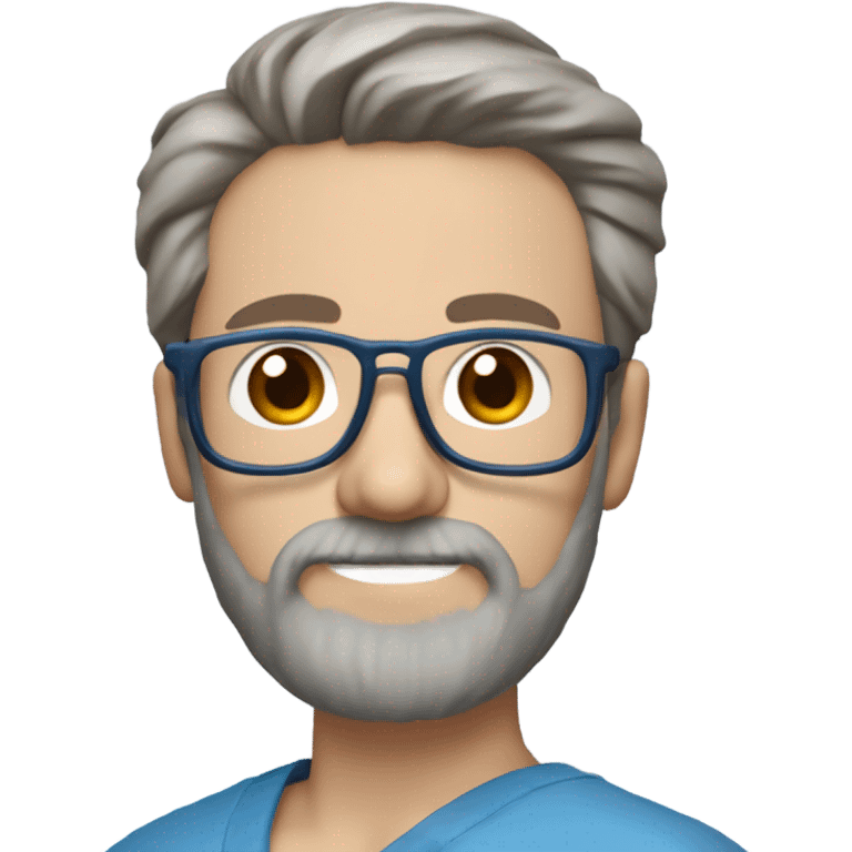 male dark blond haired doctor with grey van dyke beard with hazel eyes and small wire-rimmed glasses in blue scrubs holding a paintbrush and saw emoji