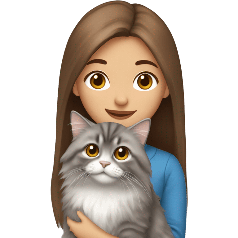  Chestnut brown straight hair girl holding fluffy Siberian gray cat  emoji