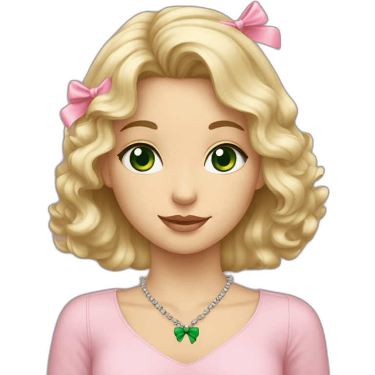 Blonde wavy girl with brown eyes carrying a grey cat that has green eyes and a pink bow in her necklace emoji