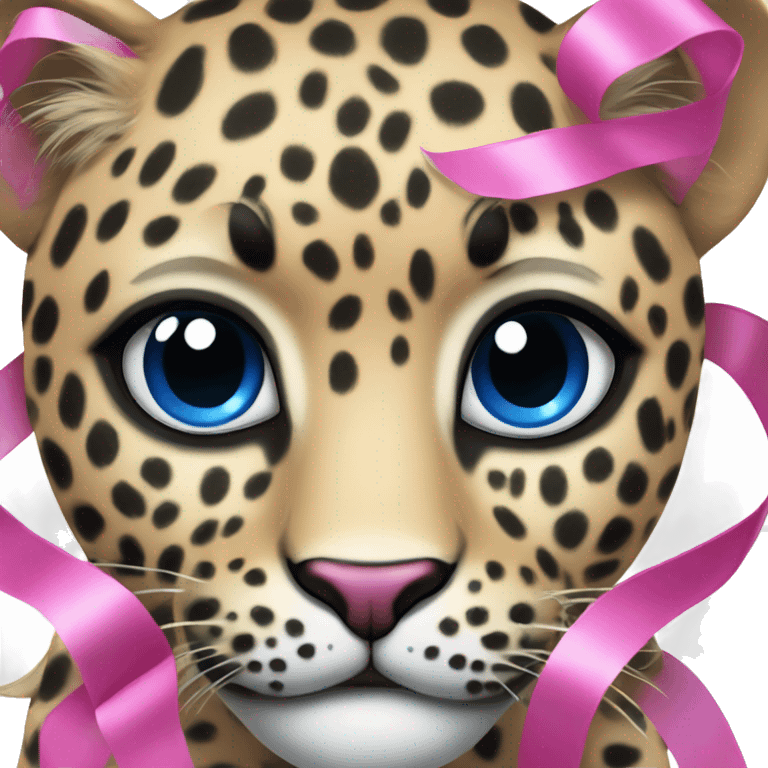  face leopard with black and blue spots with pink ribbon  emoji