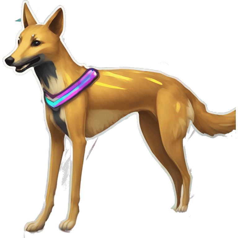  brindle brown black maroon striped lurcher Alsatian fox running blue eyes and iridescent holographic oilslick harness wearing paper iridescent tropical flower crown yellow caution tape emoji