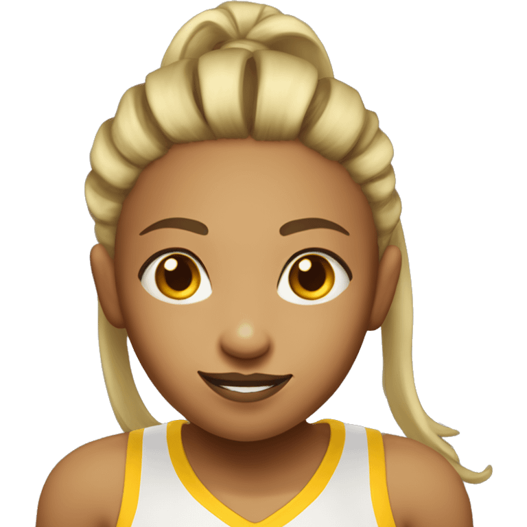 basketball player girl with basketball and hair in pony tail with yellow jersey that has the number 22 on it emoji