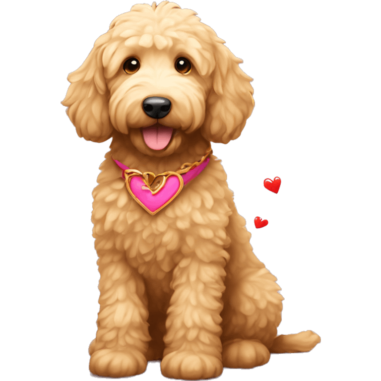 Golden doodle holding a heart emoji