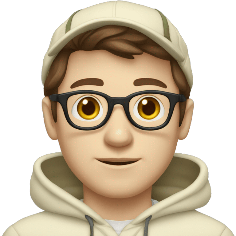 Man with brown hair and glasses wearing a cream hoodie, with a pale skin, and an university of oregon mesh hat emoji