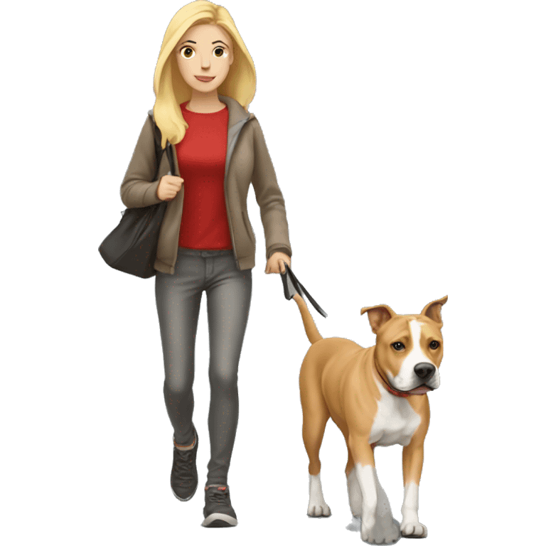 Blonde girl walking red amstaff emoji