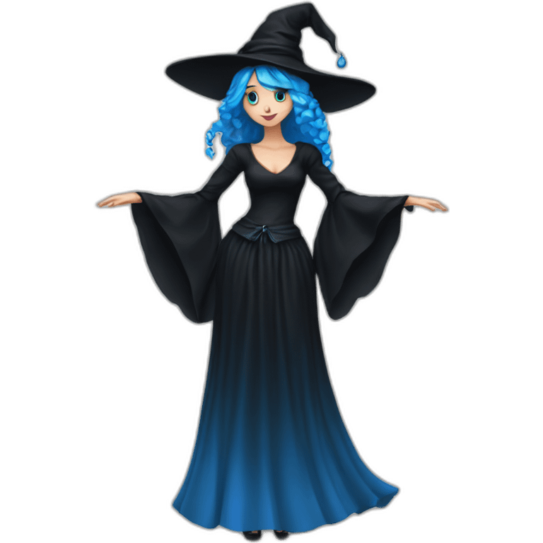 Blue-haired blue-eyed witch in black full skirt full length emoji