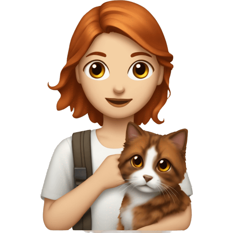 Copper red haired girl with dark brown eyes holding tortie Siberian car emoji