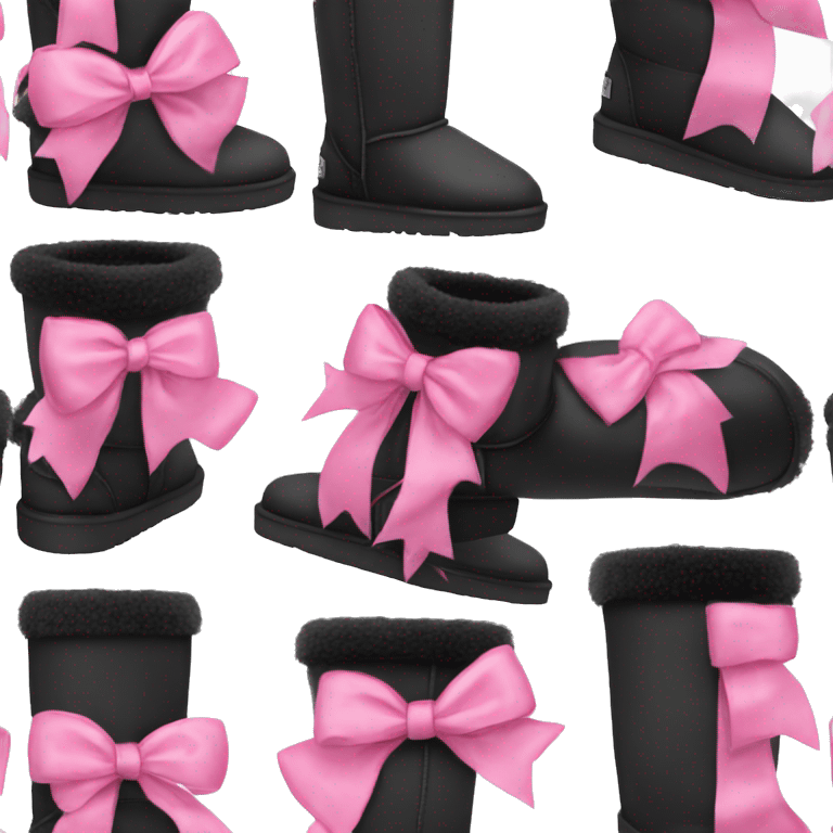 Realistic black Ugg fur boots with pink ribbon bows isolated.  emoji