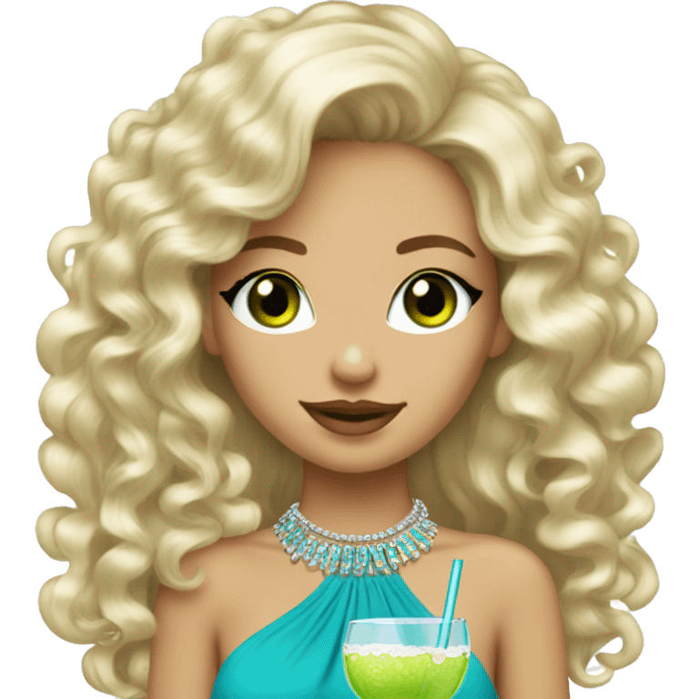 A skinny blonde with blue eyes and curly hair having margaritas with a thicker brunette with bling highlights and green eyes emoji