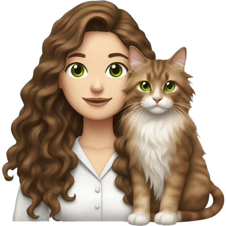 White brunette long wavy hair woman with green eyes holding a brown Maine coon cat  emoji