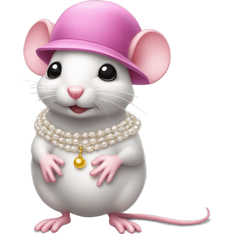 Cute mouse wears pink hat and a pearl chain emoji