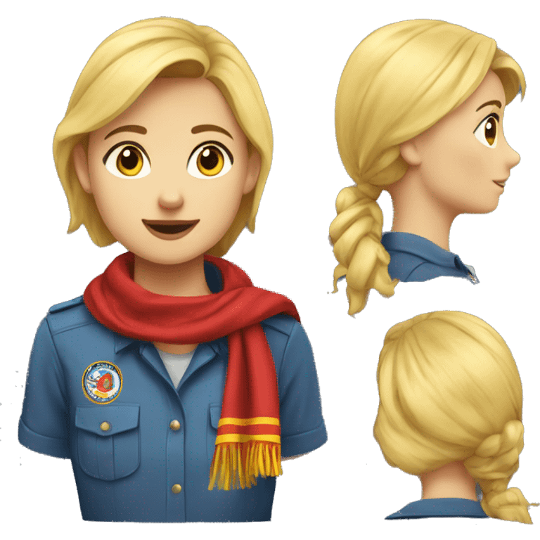 A scout girl with blond hair with a knotted red and yellow scarf and blue scout shirt emoji