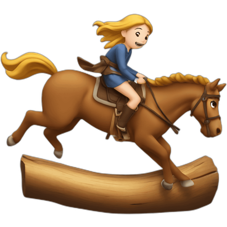 Fille sautant avec un cheval en bois emoji