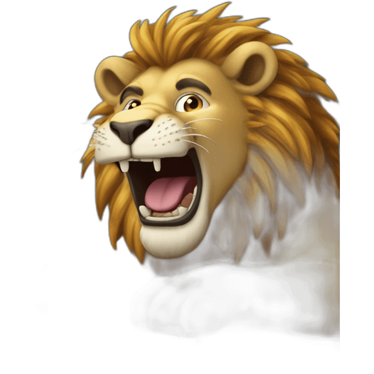 crazy laughing lion writing code sitting in front of a computer emoji