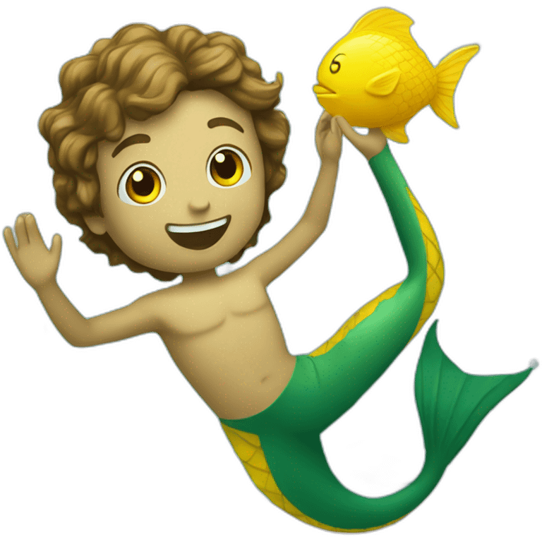 Underwater man mermaid swimming with fins, snorkel equipement, holding a small yellow ball, winning enthousiasm emoji