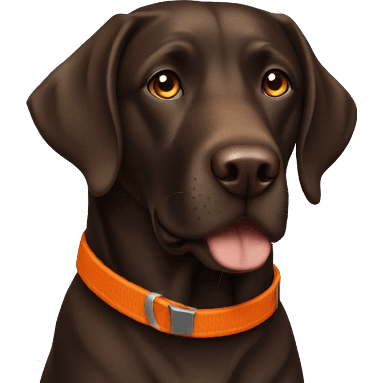 Dark brown Labrador retriever with orange collar looking straight emoji