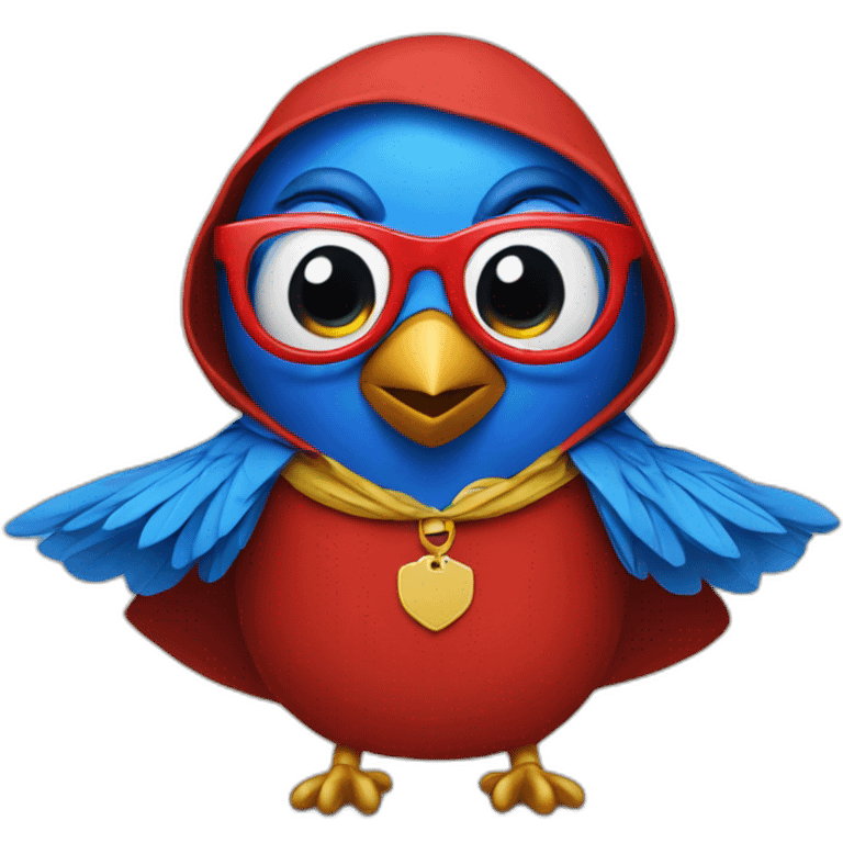 Blue bird with glasses wearing a cape and red tshit emoji