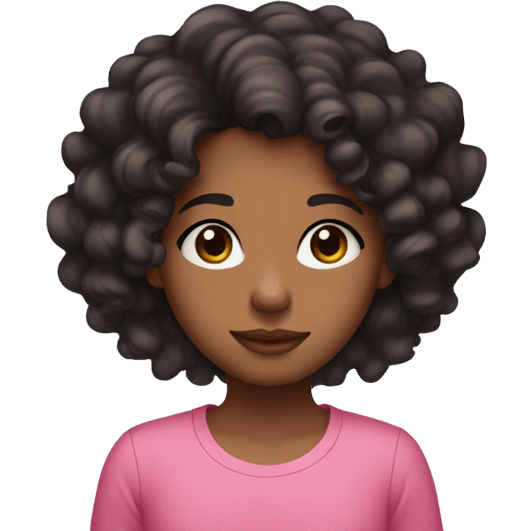 medium brown girl with black curly hair with pink shirt and pink heart eyes emoji