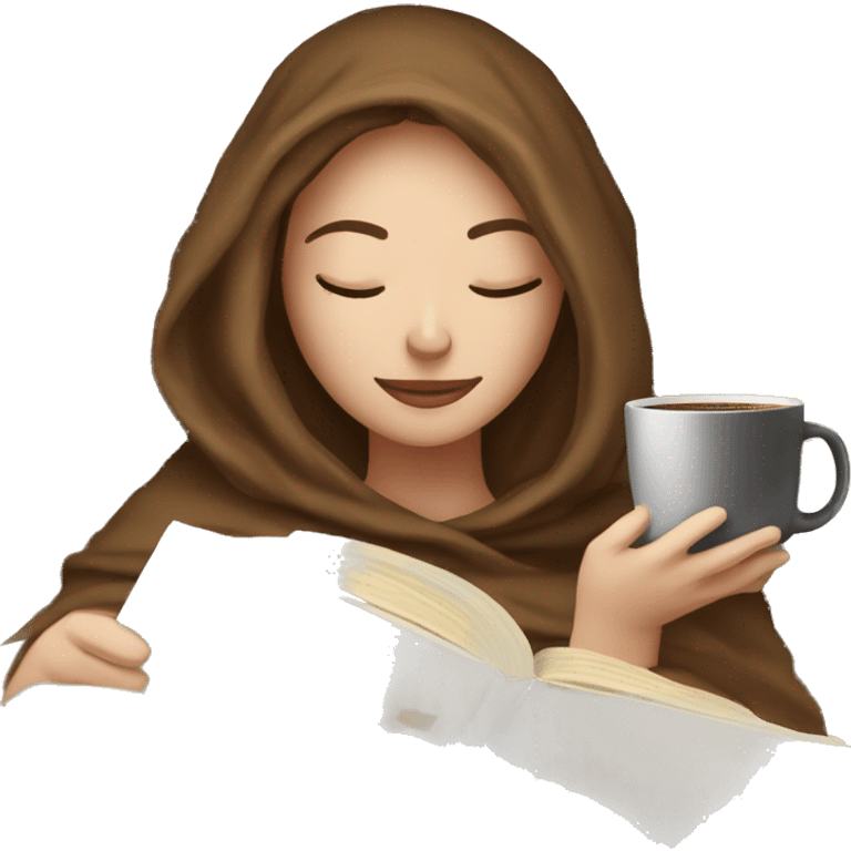 White Girl relaxed reading a book under a blanket with coffee in her hands emoji