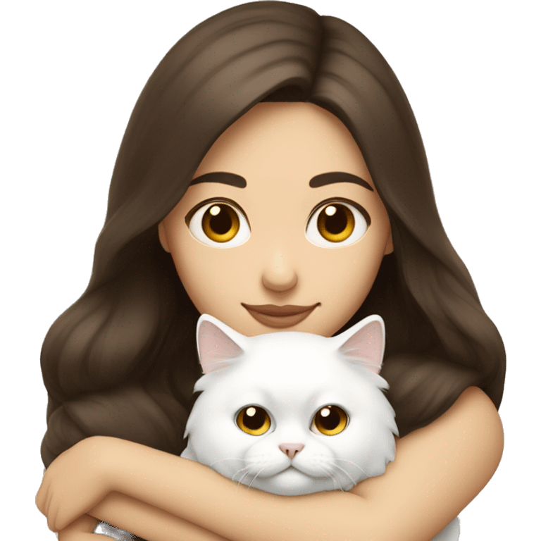 Brunette woman snuggling white Persian cat emoji