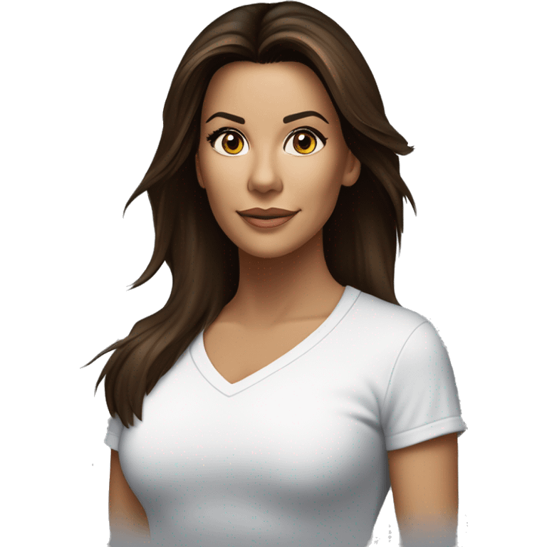 3/4 face, contrasted, shadow, light, Eva Longoria expression, standing from a distance, thin nose, brunette woman, hazel eyes, long eyelashes, dark shoulder shaded hair, white t-shirt, jeans, white sneakers emoji